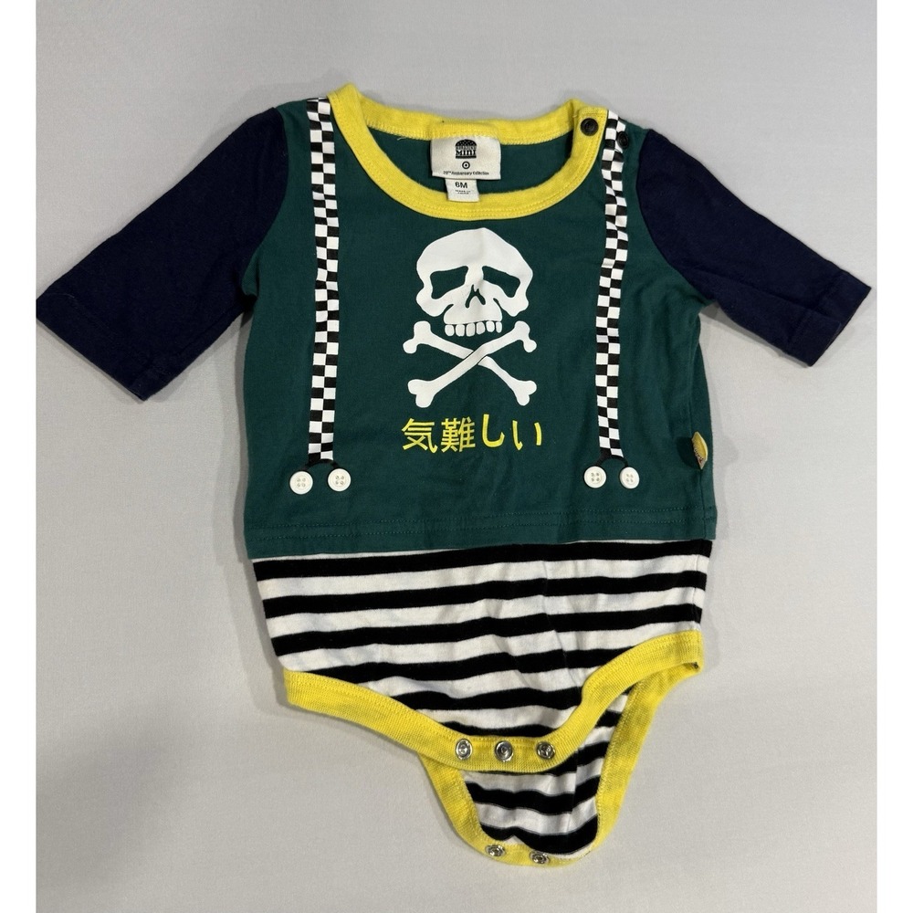 Harajuku Mini Bodysuit Skull with Suspenders Size 6M NWOT Green Snap Bottom